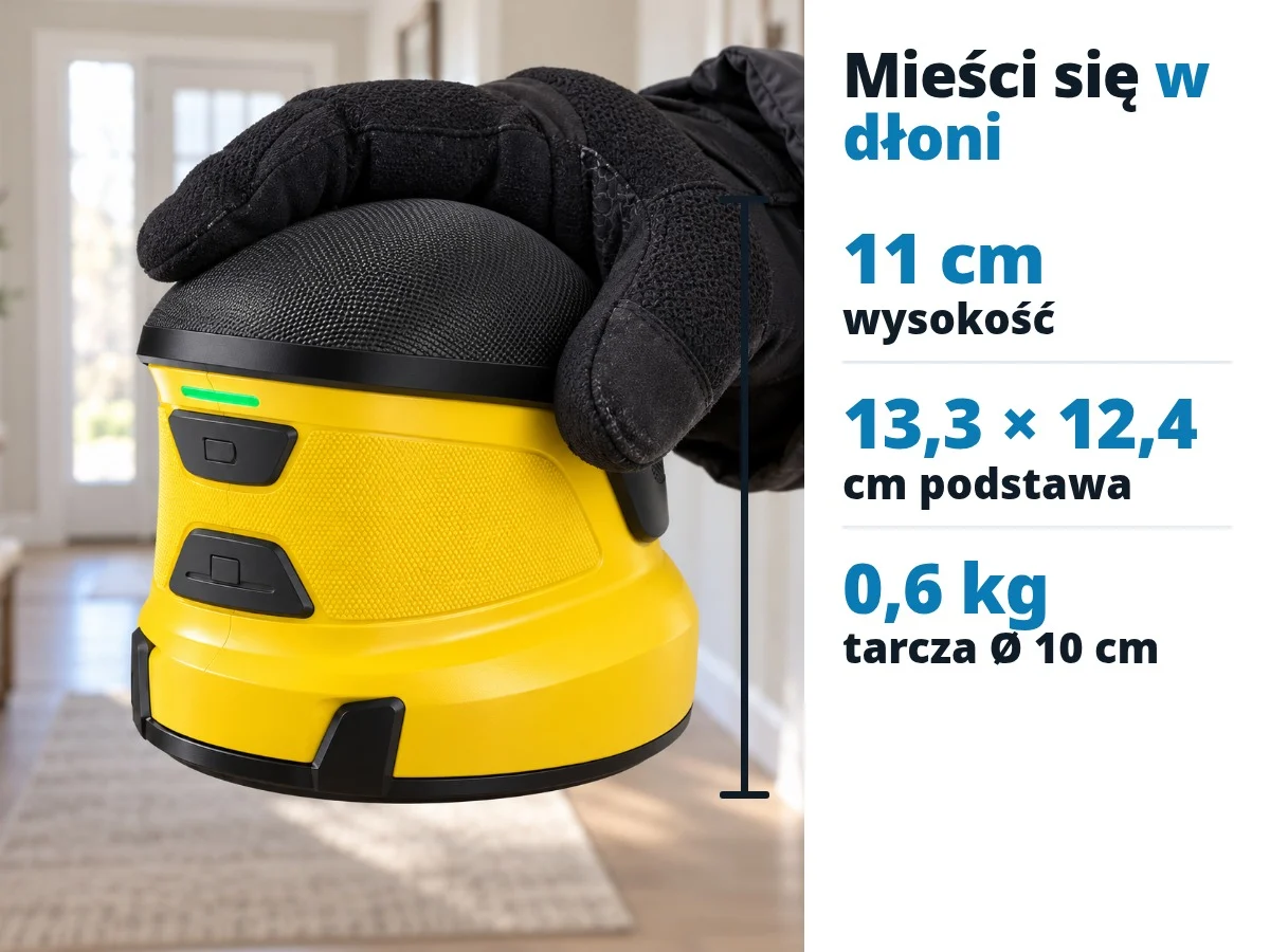 Mieści się w dłoni: wysokość 11 cm, 13,3 na 12,4 cm, 0,6 kg, tarcza 10 cm